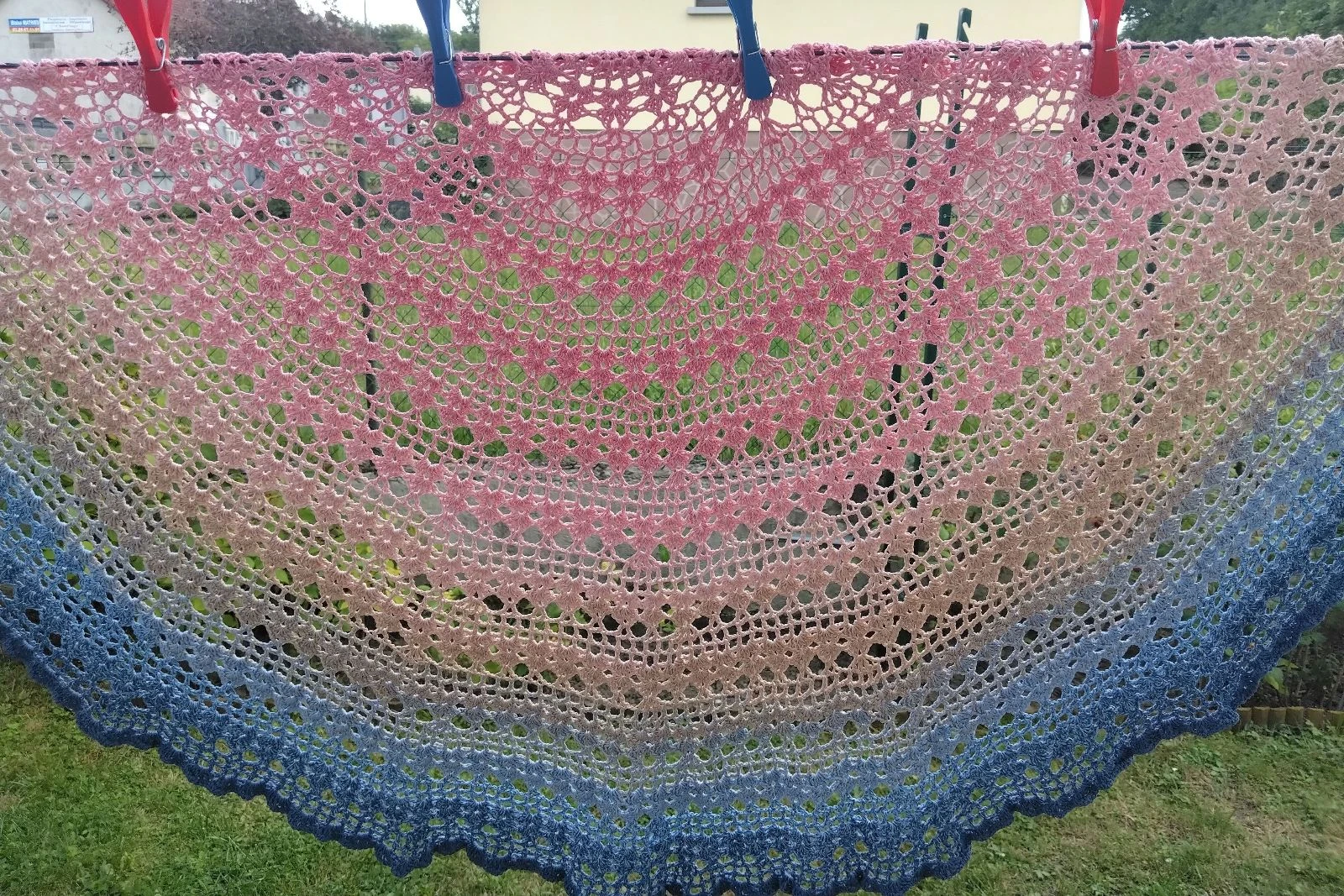 Handmade Half-Moon Large Scarf — Powder Pink, Beige & Jeans Blue Gradient – photo 7